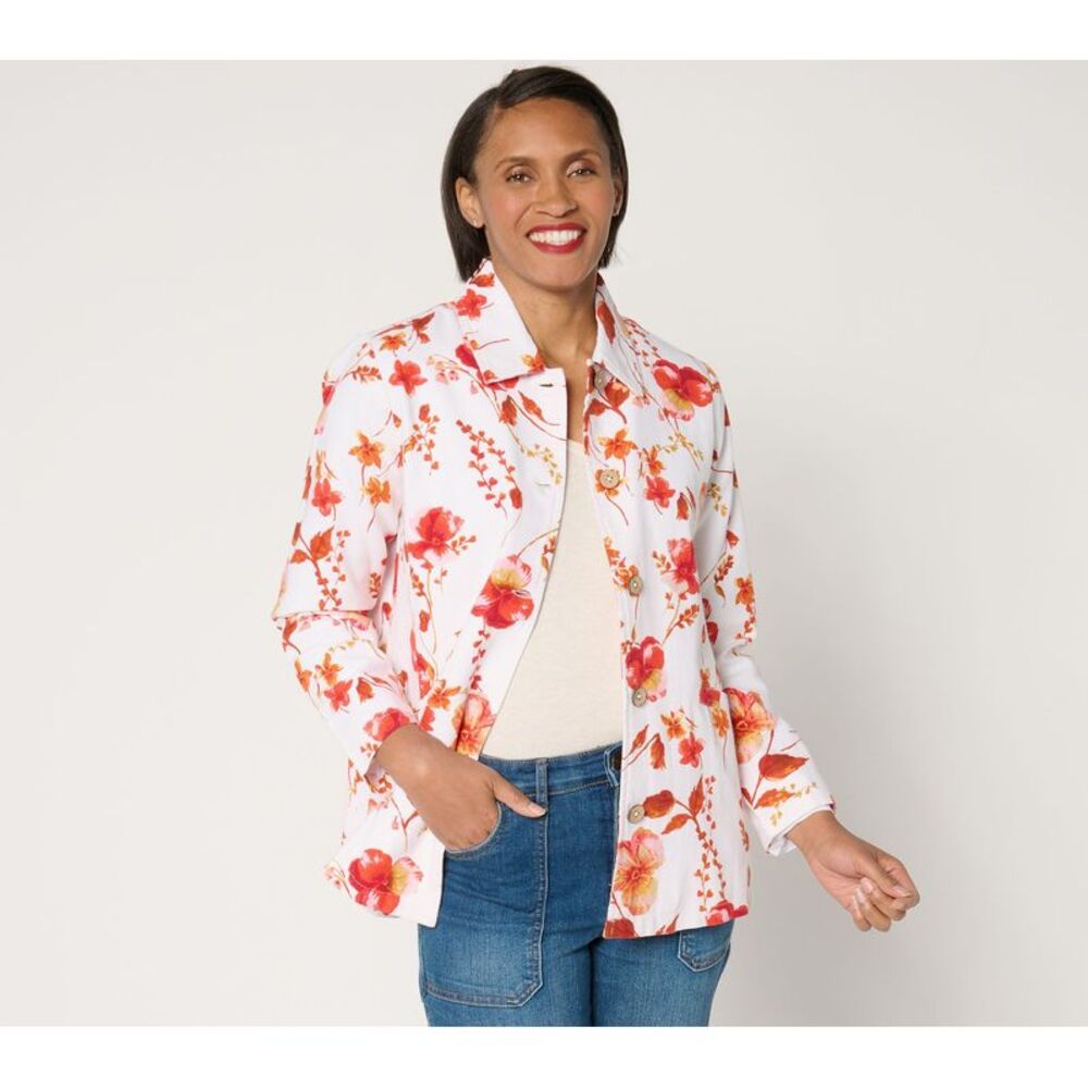 Susan Graver Women's Jacket Sz XL Printed Cotton Button Multi-colored A680519